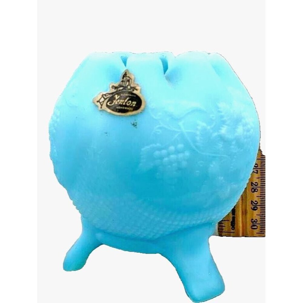 Vintage Fenton Satin Blue Glass Floral/Grape Pattern Pinched Opening, Footed